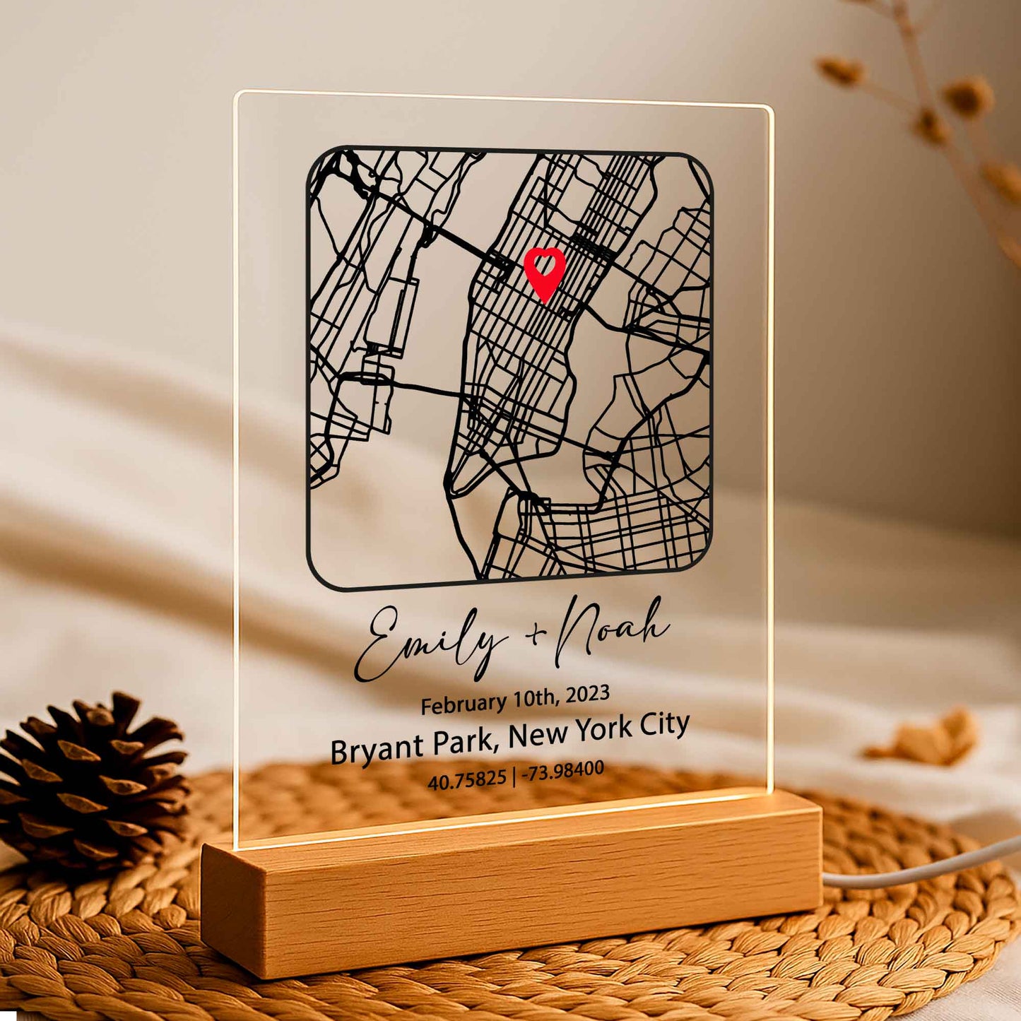 Custom Couple Map Night Light – Personalized Location Plaque
