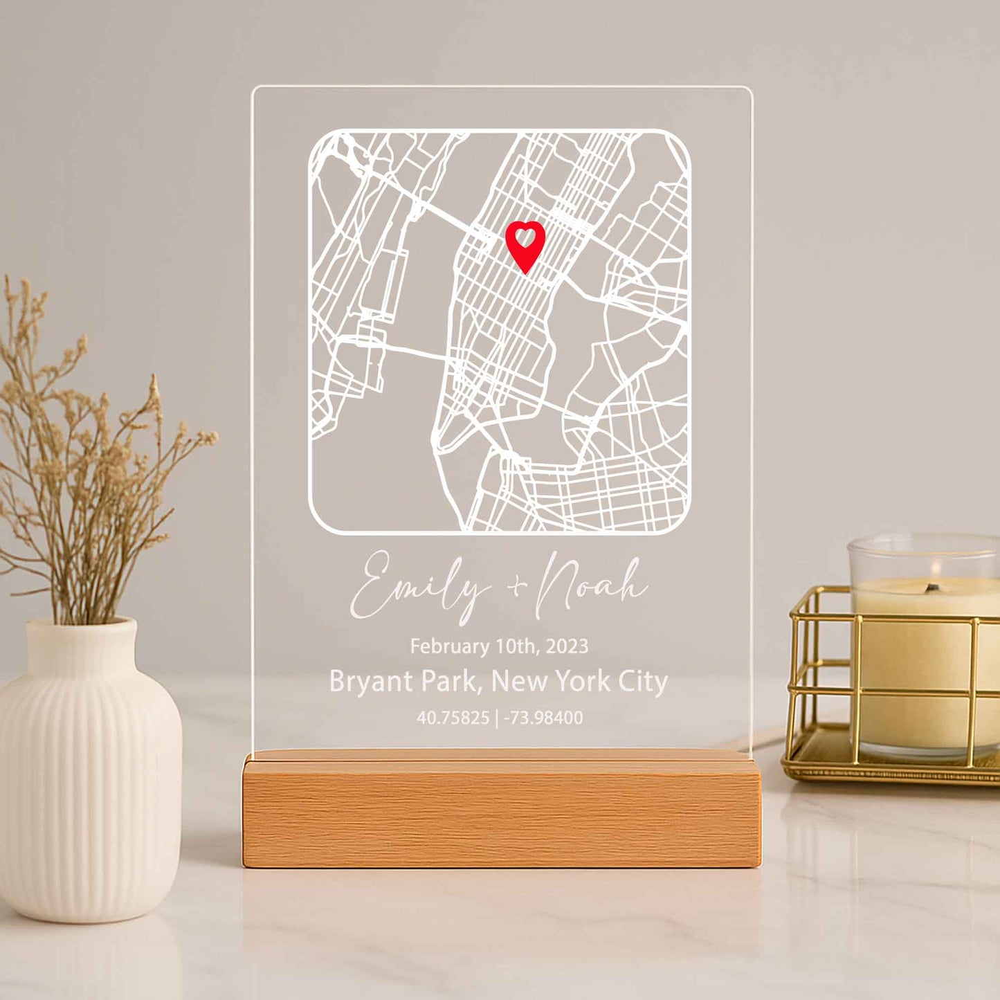 Custom Couple Map Night Light – Personalized Location Plaque