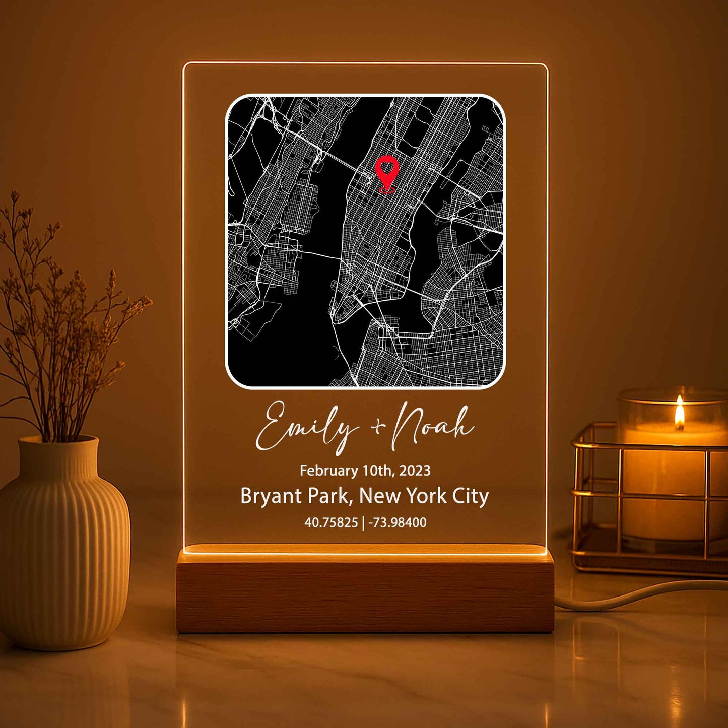 Custom Couple Map Night Light – Personalized Location Plaque