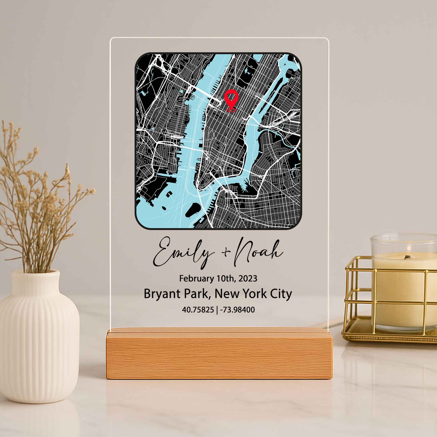 Custom Couple Map Night Light – Personalized Location Plaque