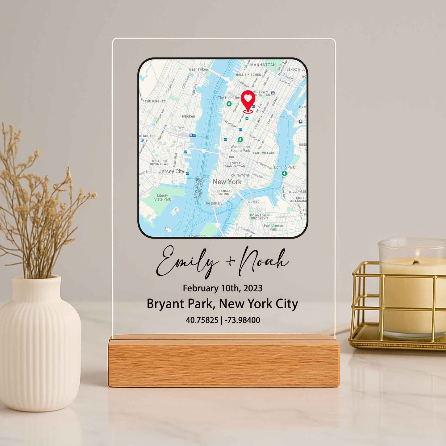 Custom Couple Map Night Light – Personalized Location Plaque