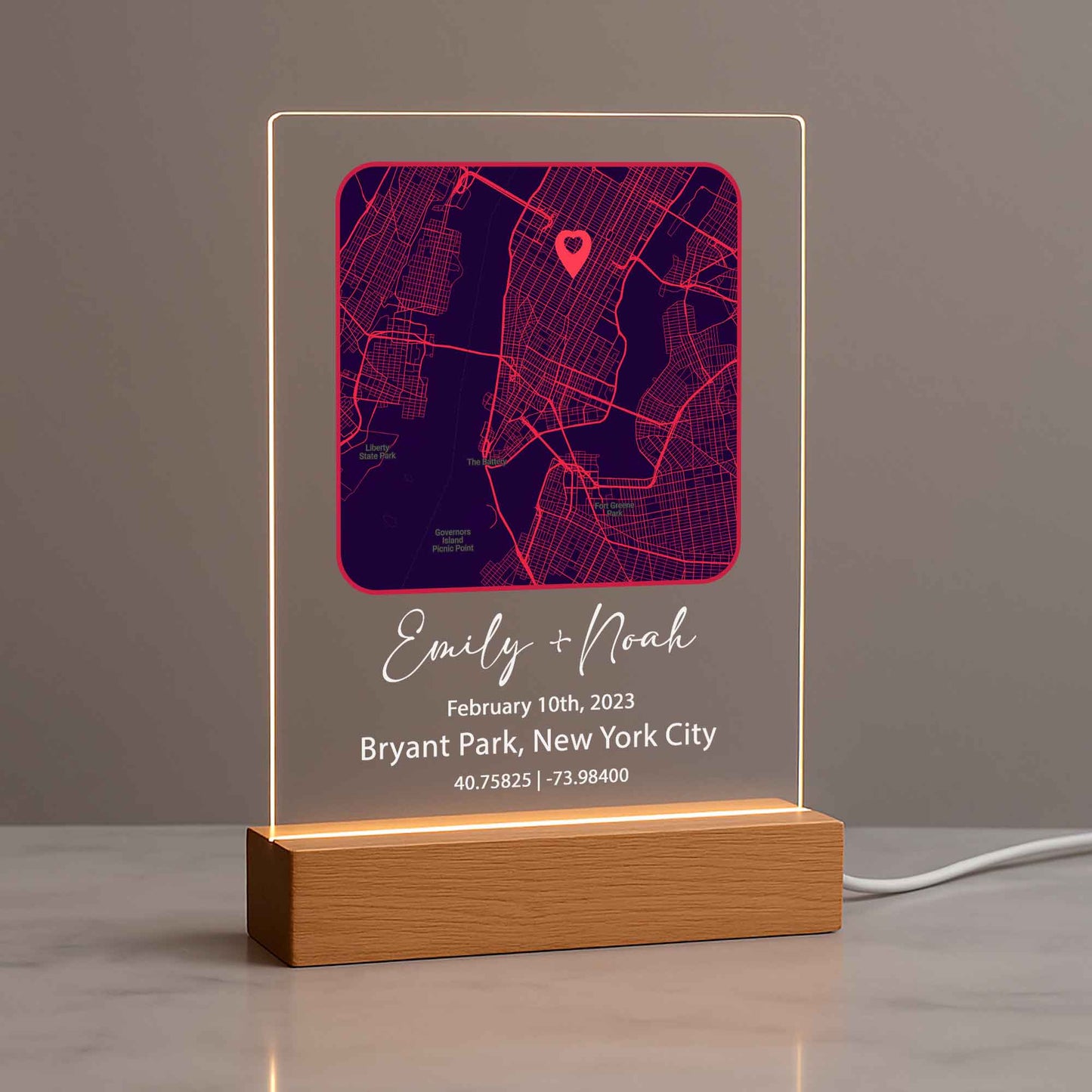 Custom Couple Map Night Light – Personalized Location Plaque