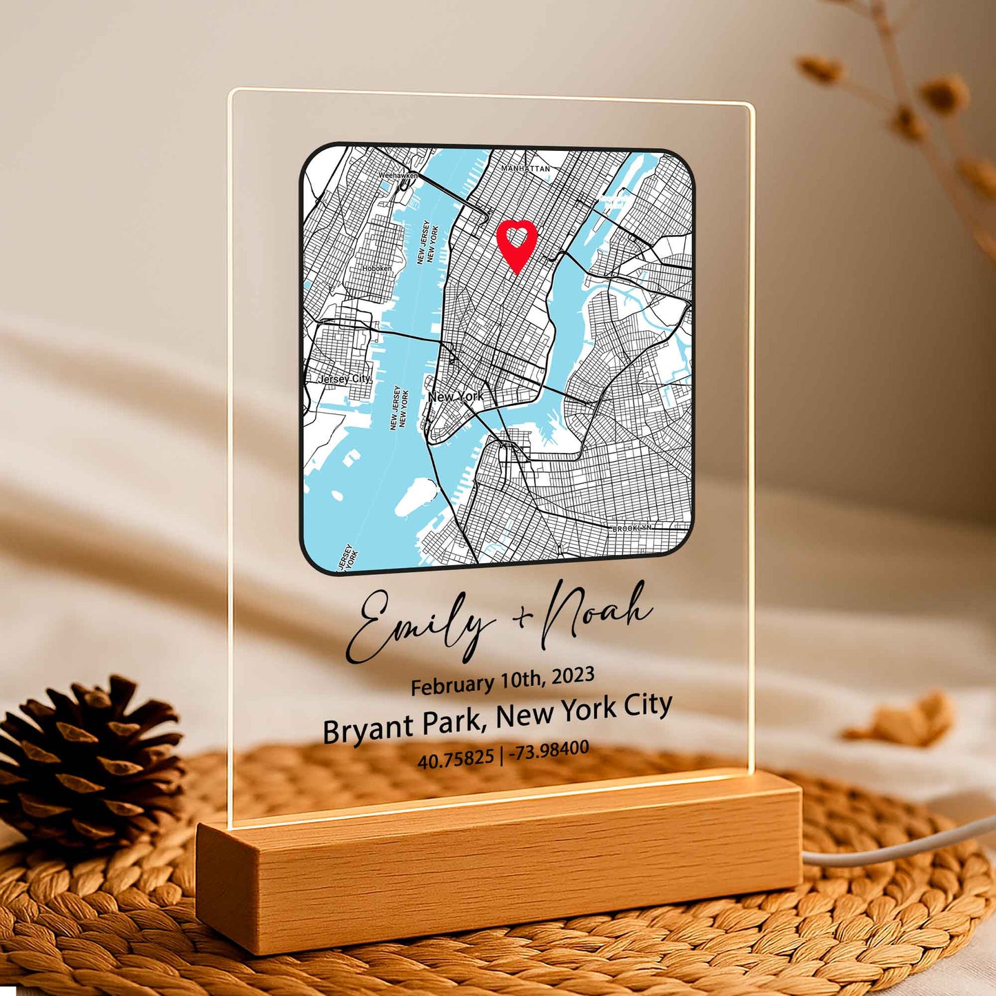 Custom Couple Map Night Light – Personalized Location Plaque